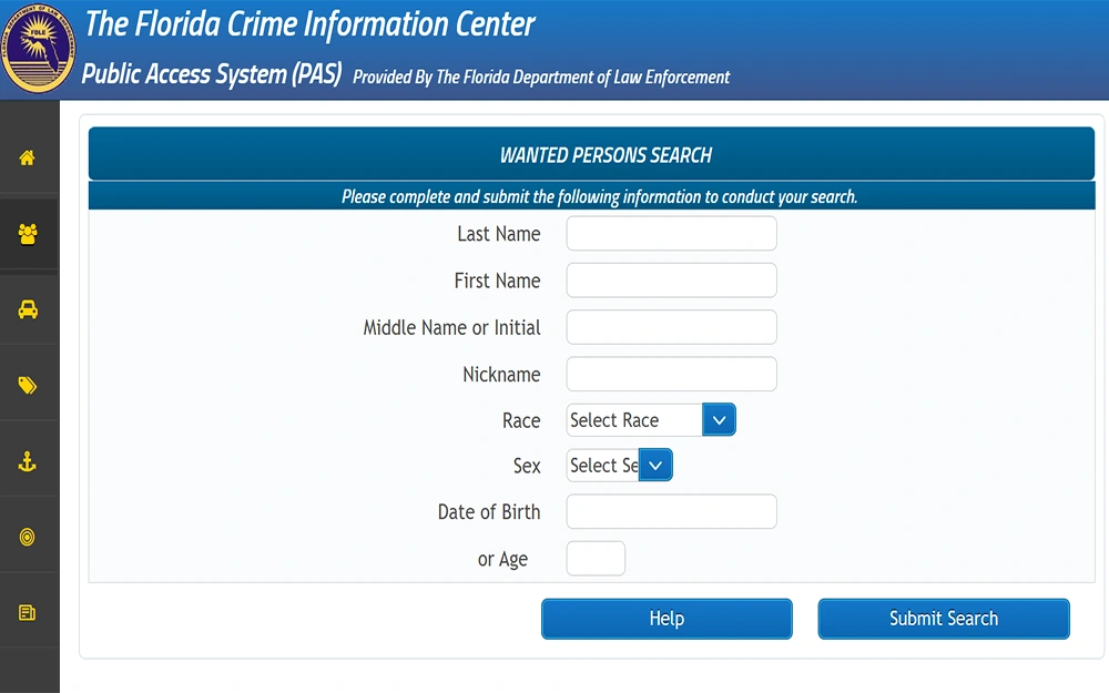 A screenshot from the Florida Department of Law Enforcement website showing the public access system page for a wanted persons search with empty fields for names, sex, and date of birth in order to conduct a search.