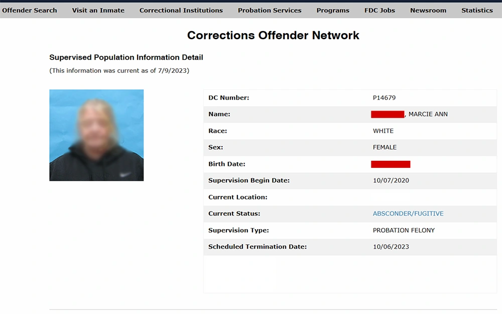 A screenshot from the Florida Department of Corrections website displaying the corrections offender network page showing search results that include information such as DC number, name, race, sex, birth date, location, and status.