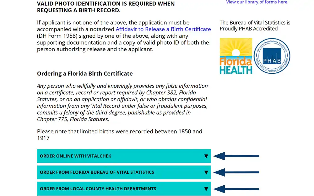 A screenshot from the Florida Department of Health displaying the page for ordering a Florida birth certificate with three dropdown menu options.
