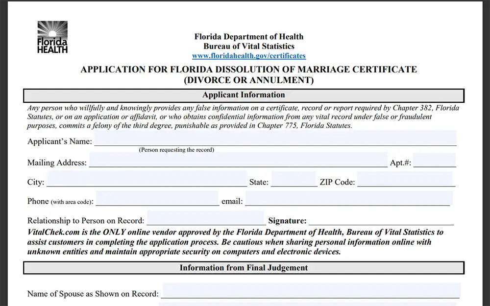 A screenshot from the Florida Department of Health website displaying the application form for a Florida dissolution of marriage certificate with empty fields for information such as applicant's name, mailing address, and phone number.