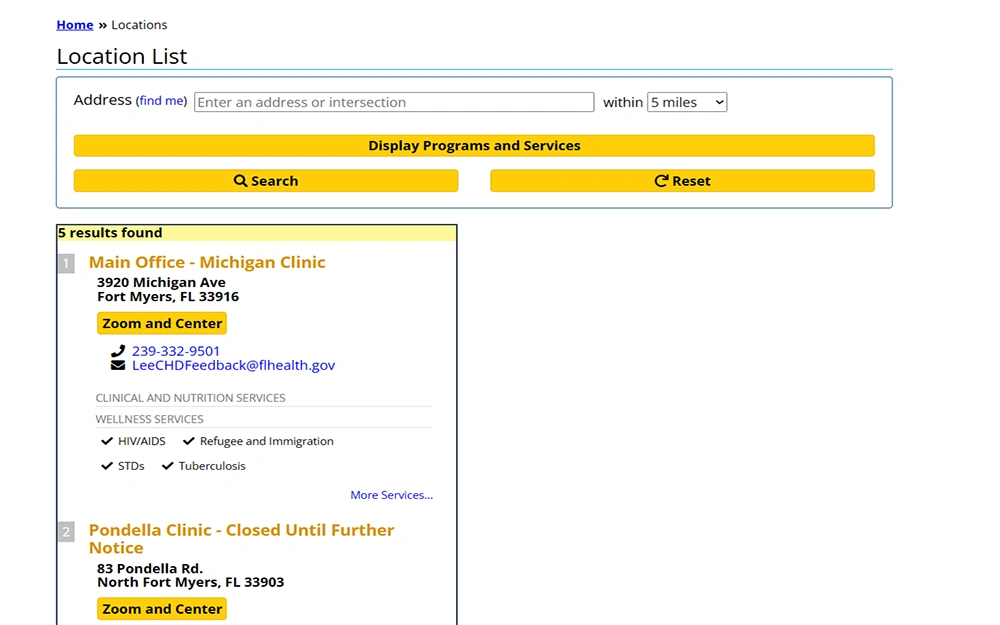 A screenshot from the Lee County Health Department website showing the location list page with a search box for the address and below it are search results that include the address information.