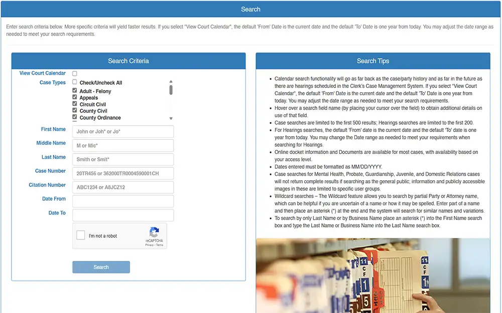 A screenshot from the Lee County Clerk of Court website displaying the court records inquiry page that includes a section for search criteria with fields for full name, case number, citation number and dates, and on the right side is a section for search tips.