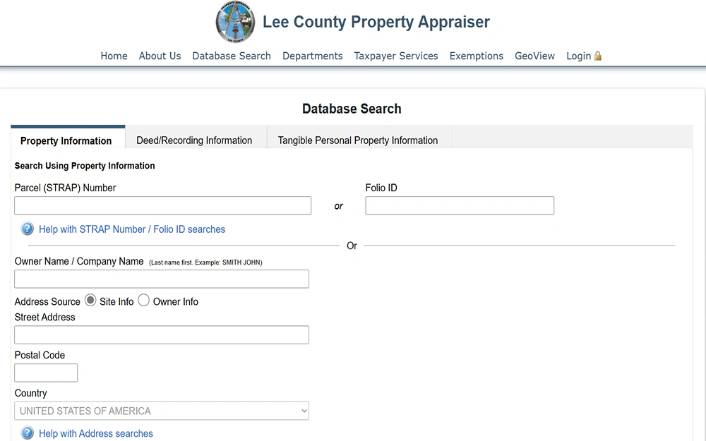 A screenshot from the Lee County Property Appraiser website displaying the database search page with search criteria for property information such as parcel number, owner name, address, postal code and country.