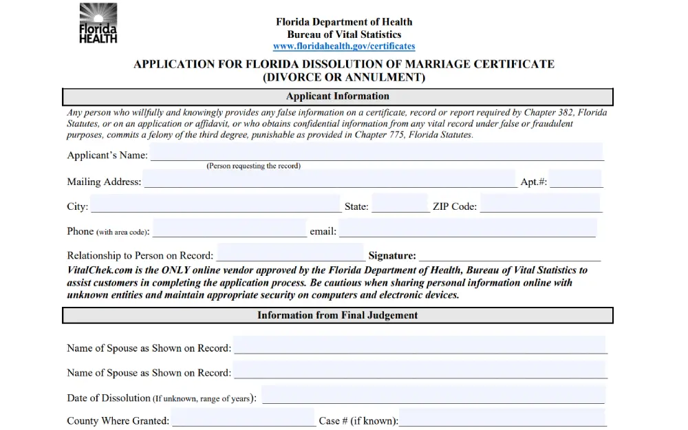 An application form provided by a state health department's vital statistics bureau, designed for individuals to request official documentation related to the dissolution of a marriage, featuring sections for personal information, relationship to the person on record, and details from the final judgment.