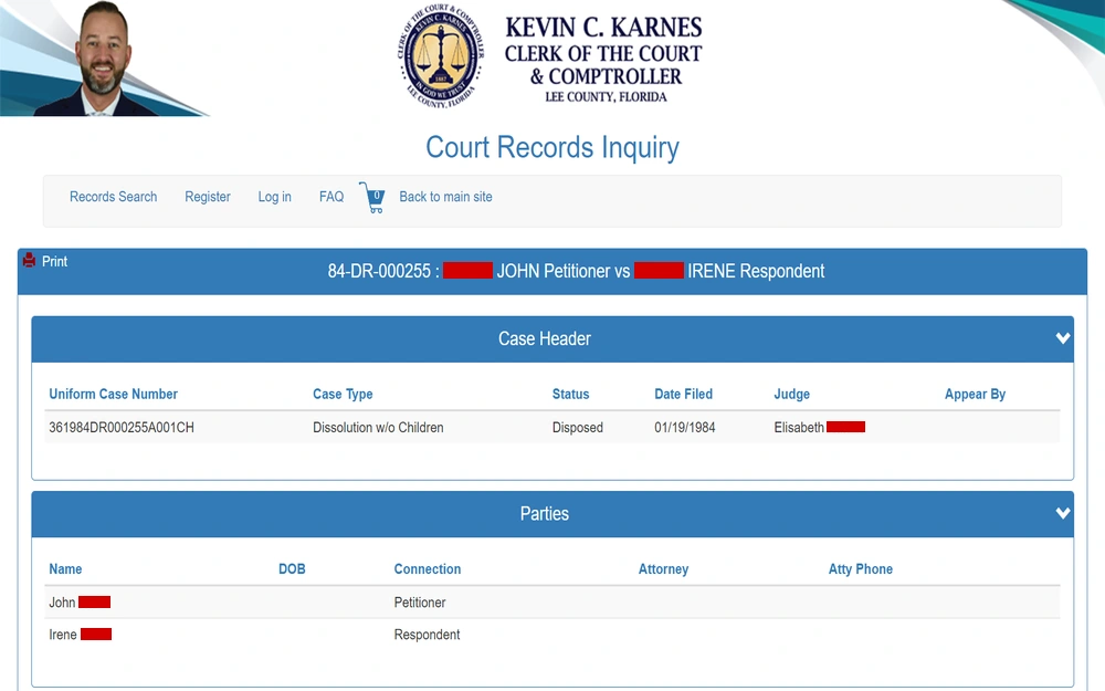 A screenshot from a court's records inquiry webpage showcasing a case summary with a uniform case number, case type, status, date filed, and assigned judge, including a section for party information with names and roles within the case, all within the digital records system of a county clerk's office in Florida.