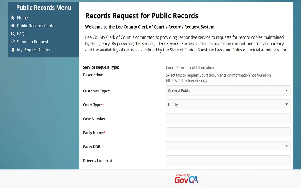 A screenshot of a public records request form from a county clerk's online portal shows the process for submitting inquiries for various court documents and information, with fields for service request type, customer and court type, alongside identifiers like case number, party name, and other personal details, powered by a government QA system.