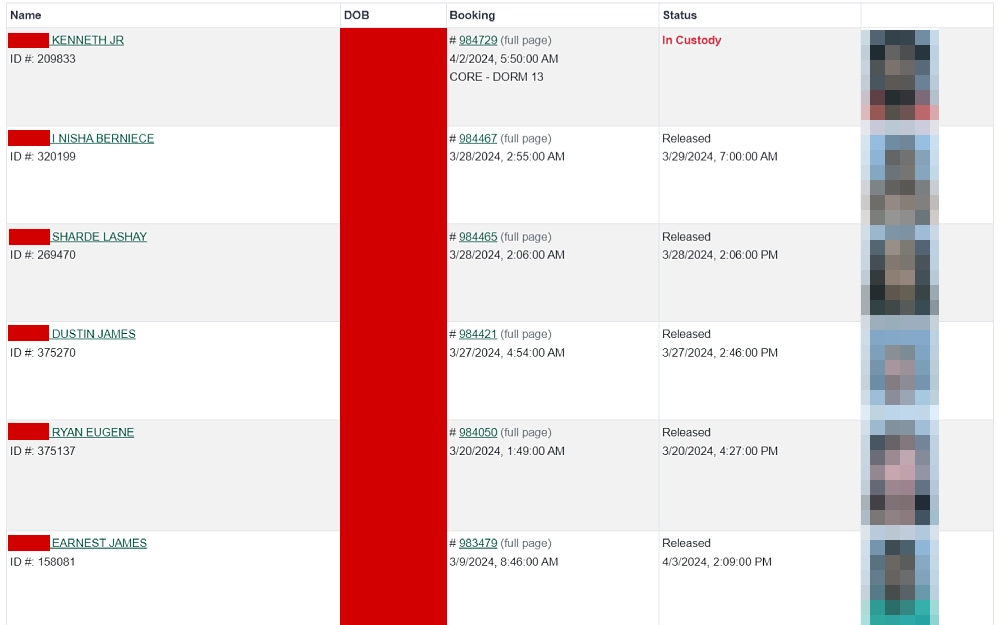 A screenshot showing an arrest search results from the Lee County Sheriff's Office website showing a complete name, date of birth, booking number, status and mugshot photos of the inmates.