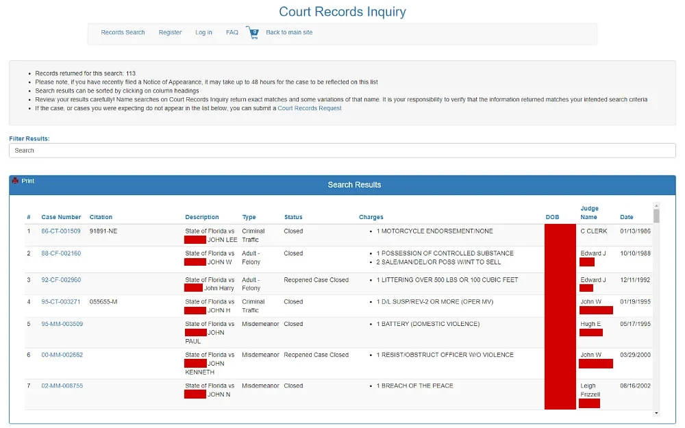 A screenshot of the court records inquiry search results from the Lee County Clerk of Courts website displaying the list of case numbers, citations, descriptions, types, statuses, birth dates, and judge names.