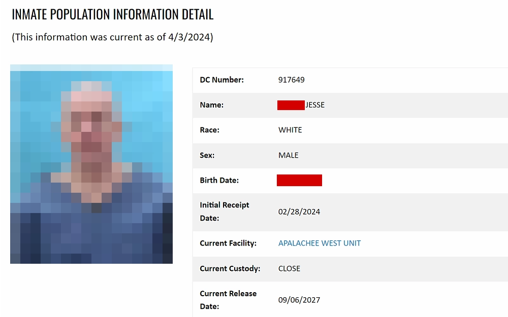 A screenshot from the Florida Department of Corrections website displaying an inmate population information detail showing a mugshot photo, DC number, name, race, sex, birth date, initial receipt date, current facility, custody and release date.