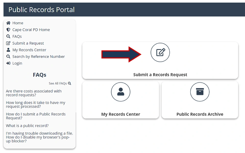 A screenshot displaying a public records portal with options to submit a records request, check requested records on the records center and view the public records archive from the Cape Coral Police Department website.