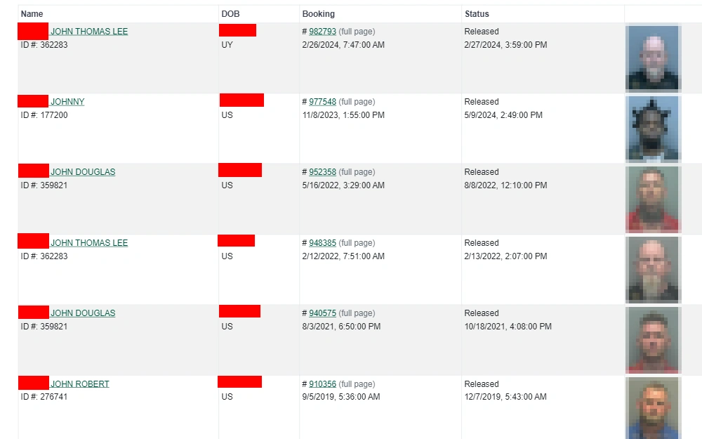 A screenshot of a list of arrestees displays their name, date of birth, booking number, status, and mugshot profile.