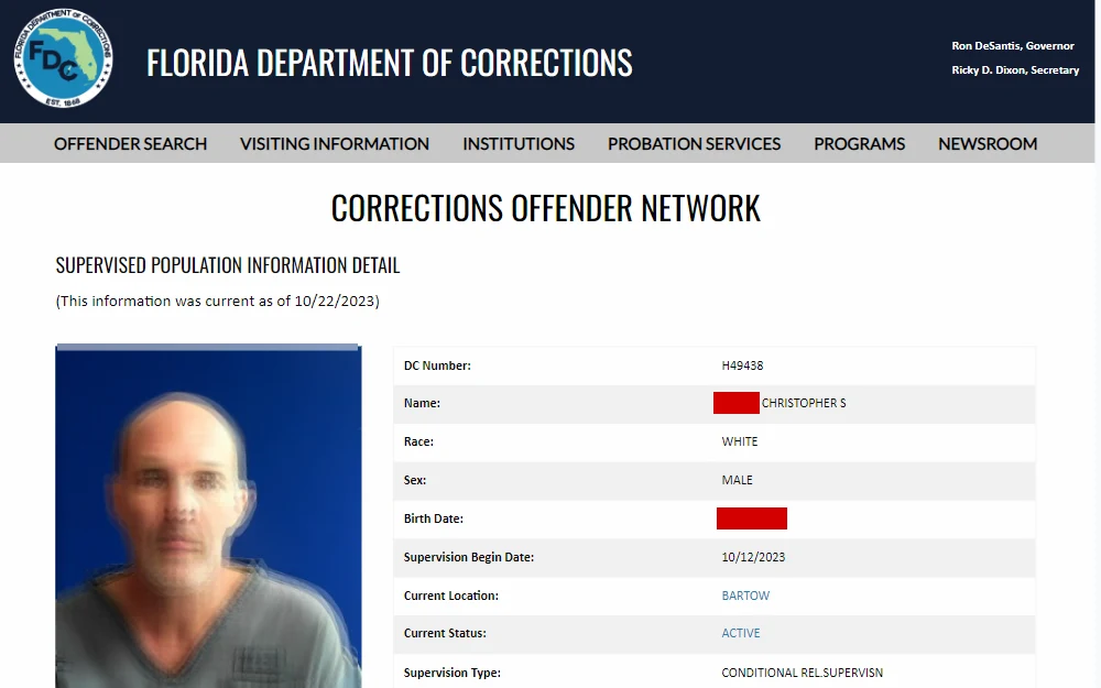 A screenshot of the offender's profile from the Florida Department of Corrections displays information such as DC number, name, race, sex, birth date, supervision type, current location and status.